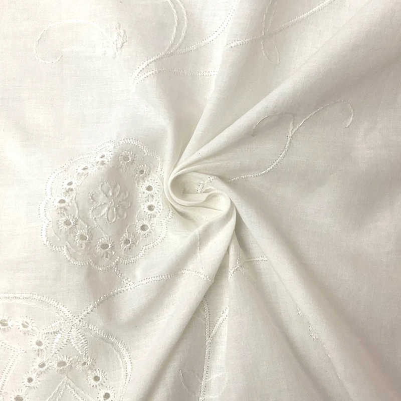 Off-White Cotton Floral Embroidered Eyelet Voile Woven Fabric
