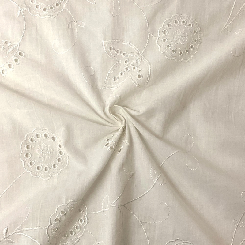 White Cotton Floral Embroidered Eyelet Voile Woven Fabric