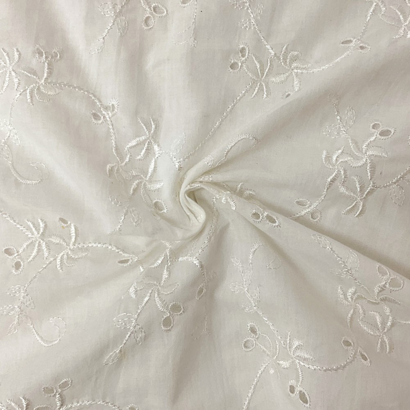 White Cotton Floral Vine Embroidered Eyelet Voile Woven Fabric