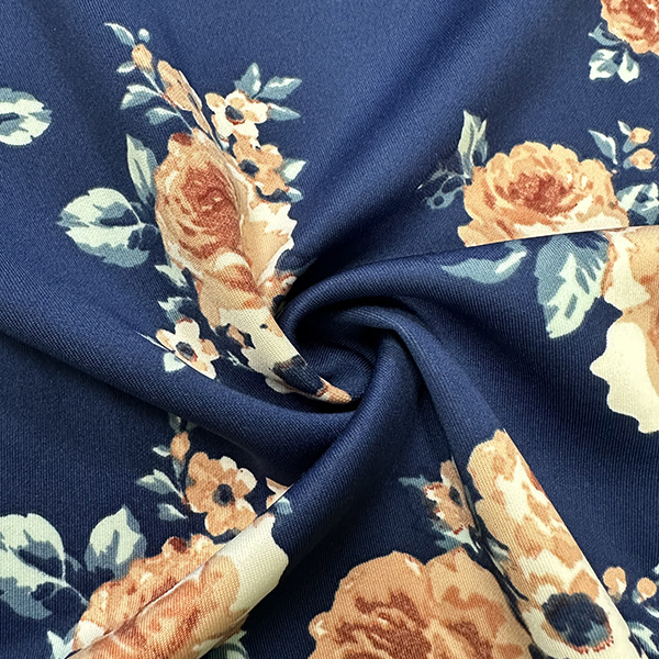 Navy and Peach Multi Floral Print Scuba Knit Fabric