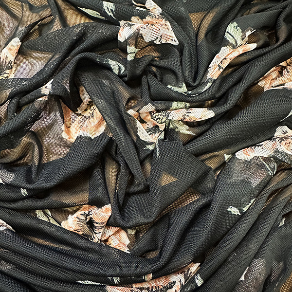 1 1/4 YD PC-Peach on Black Floral Print Stretch Mesh Fabric