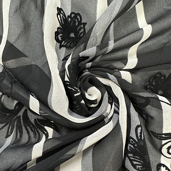 Black Flocked Floral Burnout Stripe Print High Crepe Fabric