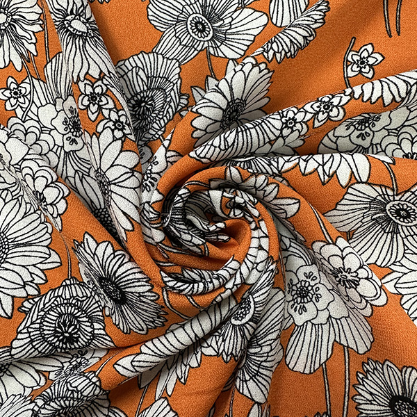 Orange Multi Floral Poly Print High Crepe Fabric