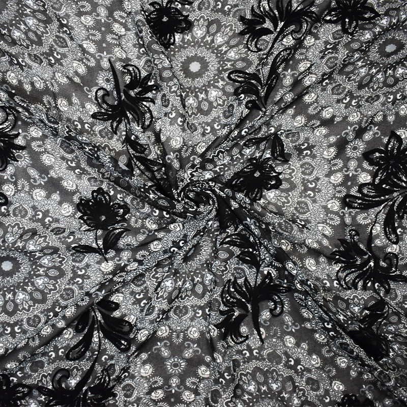 Black Poly Medallion Print Floral Burnout Chiffon Woven Fabric