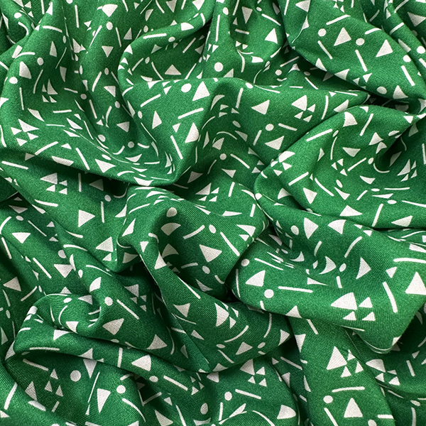 Green and White Geometric Print Rayon Challis Fabric