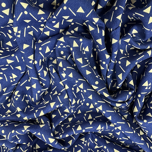 Blue and White Geometric Print Rayon Challis Fabric