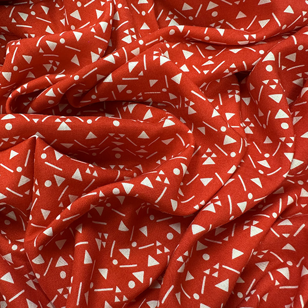 Red and White Geometric Print Rayon Challis Fabric