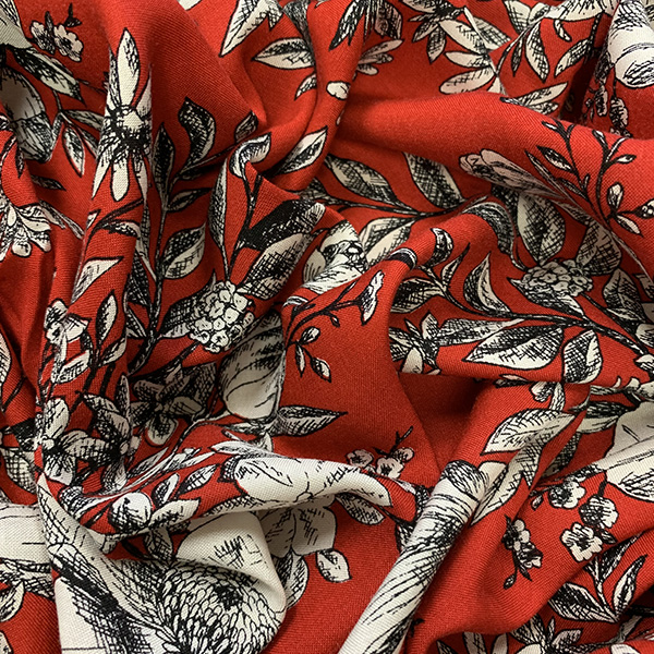 Red Sketch Floral Print Rayon Challis Fabric
