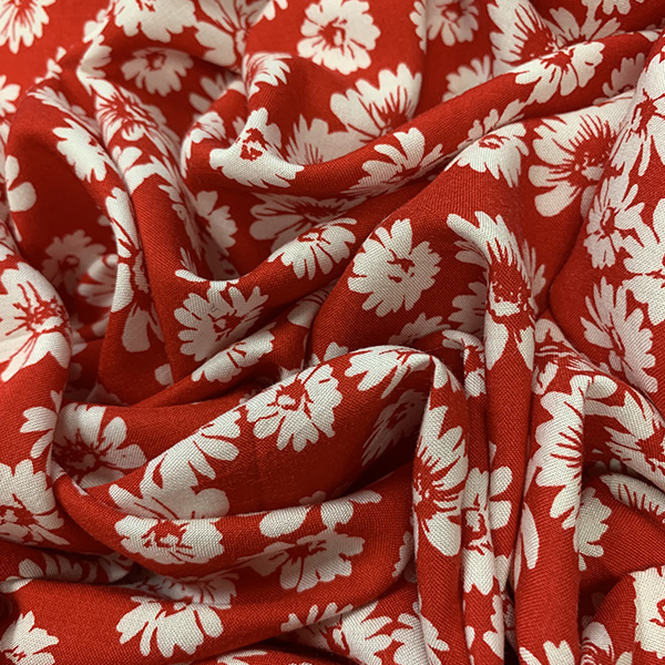 White and Bright Red Daisy Print Rayon Challis Fabric