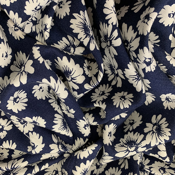 Blue and White Daisy Print Rayon Challis Fabric