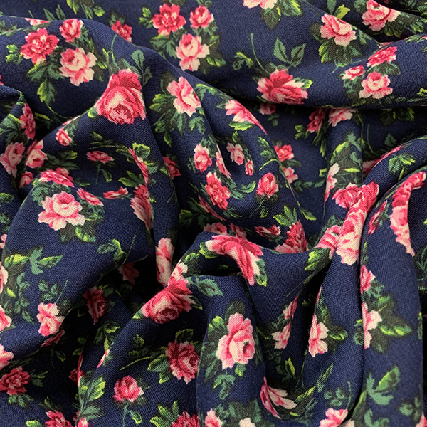 Navy and Fuschia Floral Print Rayon Challis Fabric