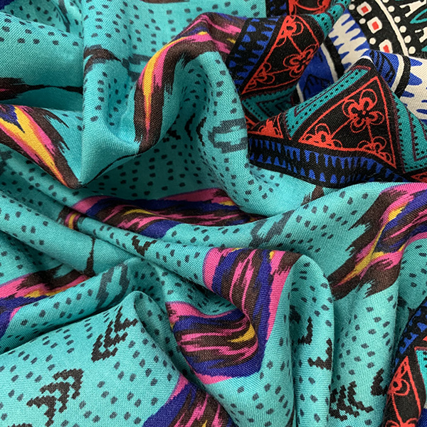 Blue and Pink Multi Stripe Print Rayon Challis Fabric
