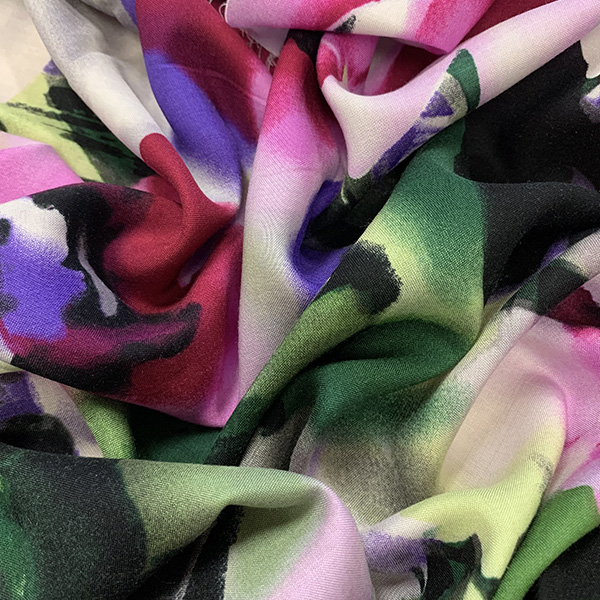 Purple and Green Large Floral Print Rayon Challis Fabric