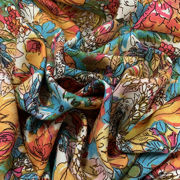 Gold Multi Floral Print Rayon Challis Fabric