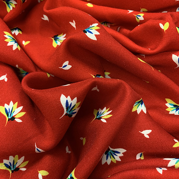 Red Fan Floral Print Rayon Challis Fabric