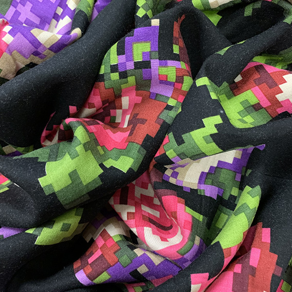 Black Pixelized Floral Print Rayon Challis Fabric