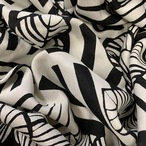 Black and White Floral Outline Print Rayon Challis Fabric