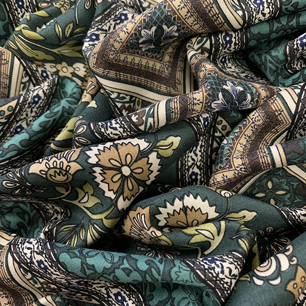 Green Multi Diamond Floral Stripe Print Rayon Floral Challis Fabric
