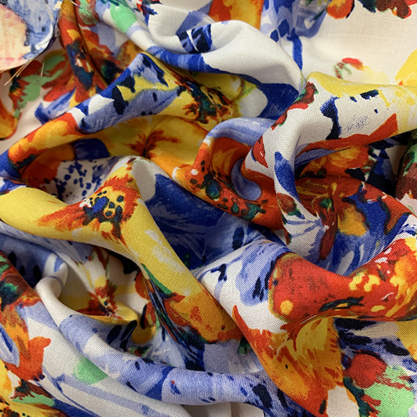 Red and Blue Multi Print Floral Rayon Challis Fabric