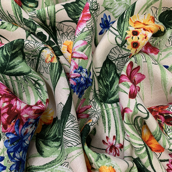 Beige Multi Floral Print Rayon Challis Fabric