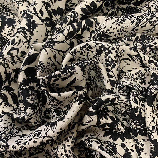 Black Stamped Look Floral Print Rayon Challis Fabric