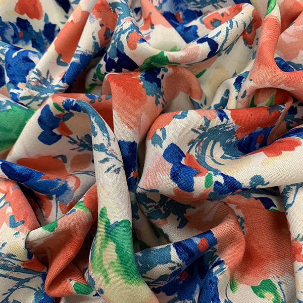 White and Coral Floral Print Rayon Challis Fabric