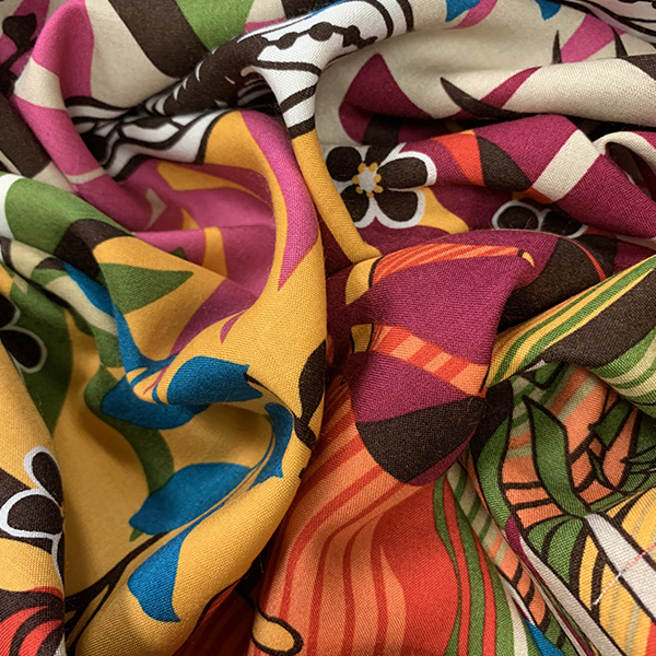 Yellow Multi Floral Leaf Print Rayon Challis Fabric