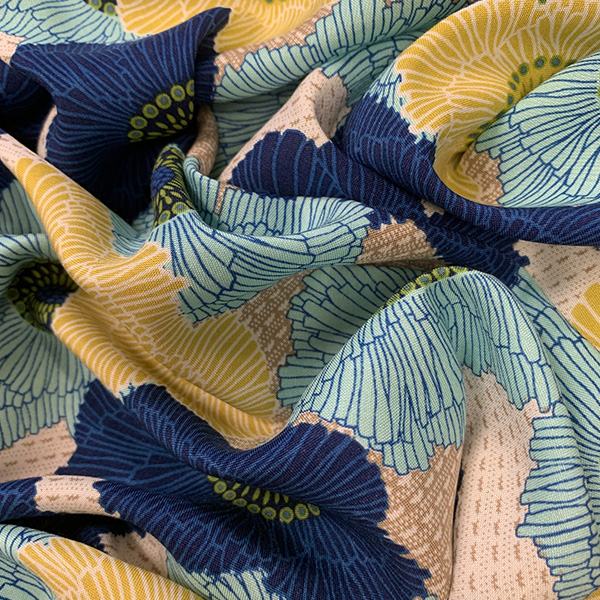 Blue and Aqua Multi Floral Print Rayon Challis Fabric