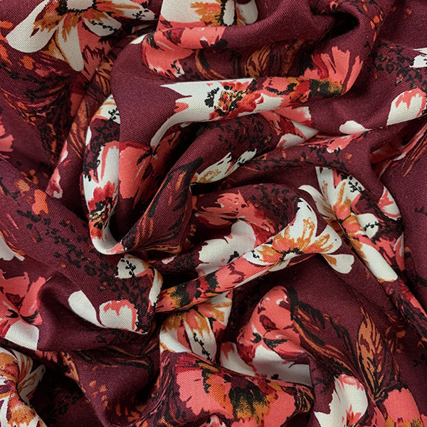 Dark Red and Coral Floral Print Rayon Challis Fabric