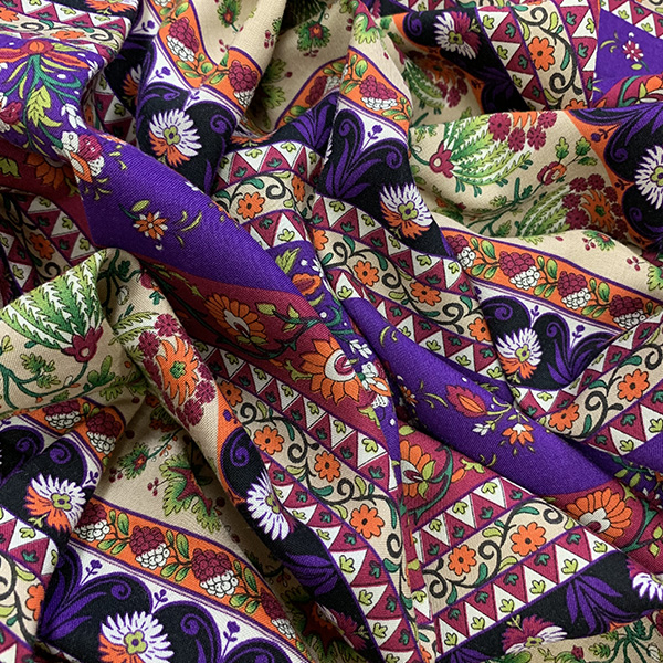 Purple Multi Floral Stripe Print Rayon Challis Fabric