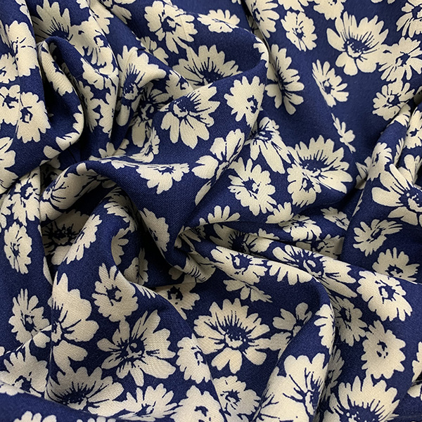 Blue and White Daisy Print Rayon Challis Fabric