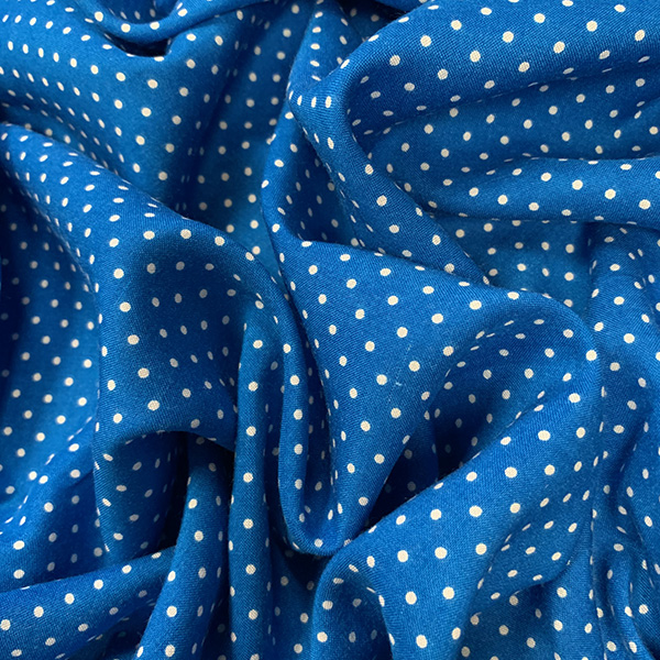Bright Blue Polka Dot Print Rayon Challis Fabric