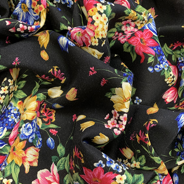 Black Floral Print Rayon Challis Fabric