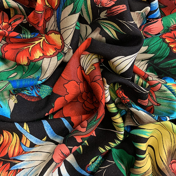 Red and Black Large Floral Print Rayon Challis Fabric