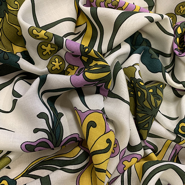 Purple and Olive Large Floral Print Rayon Challis Fabric