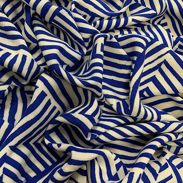 Blue and White Criss Cross Stripe Print Rayon Challis Fabric