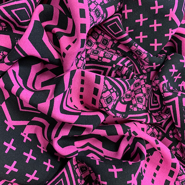 Fuschia Pink and Black Novelty Stripe Print Rayon Challis Fabric