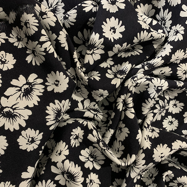 Navy and White Daisy Print Rayon Challis Fabric