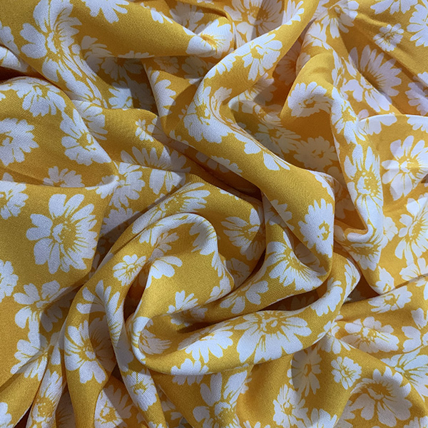 Yellow and White Daisy Print Rayon Challis Fabric