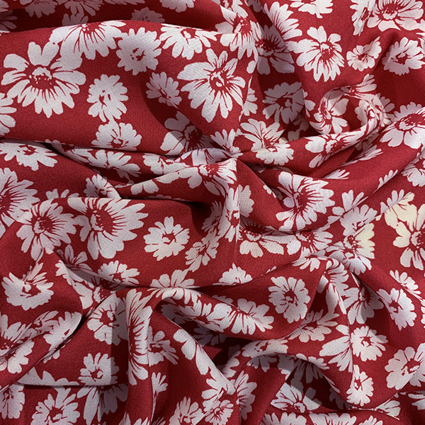 Red and White Daisy Print Rayon Challis Fabric