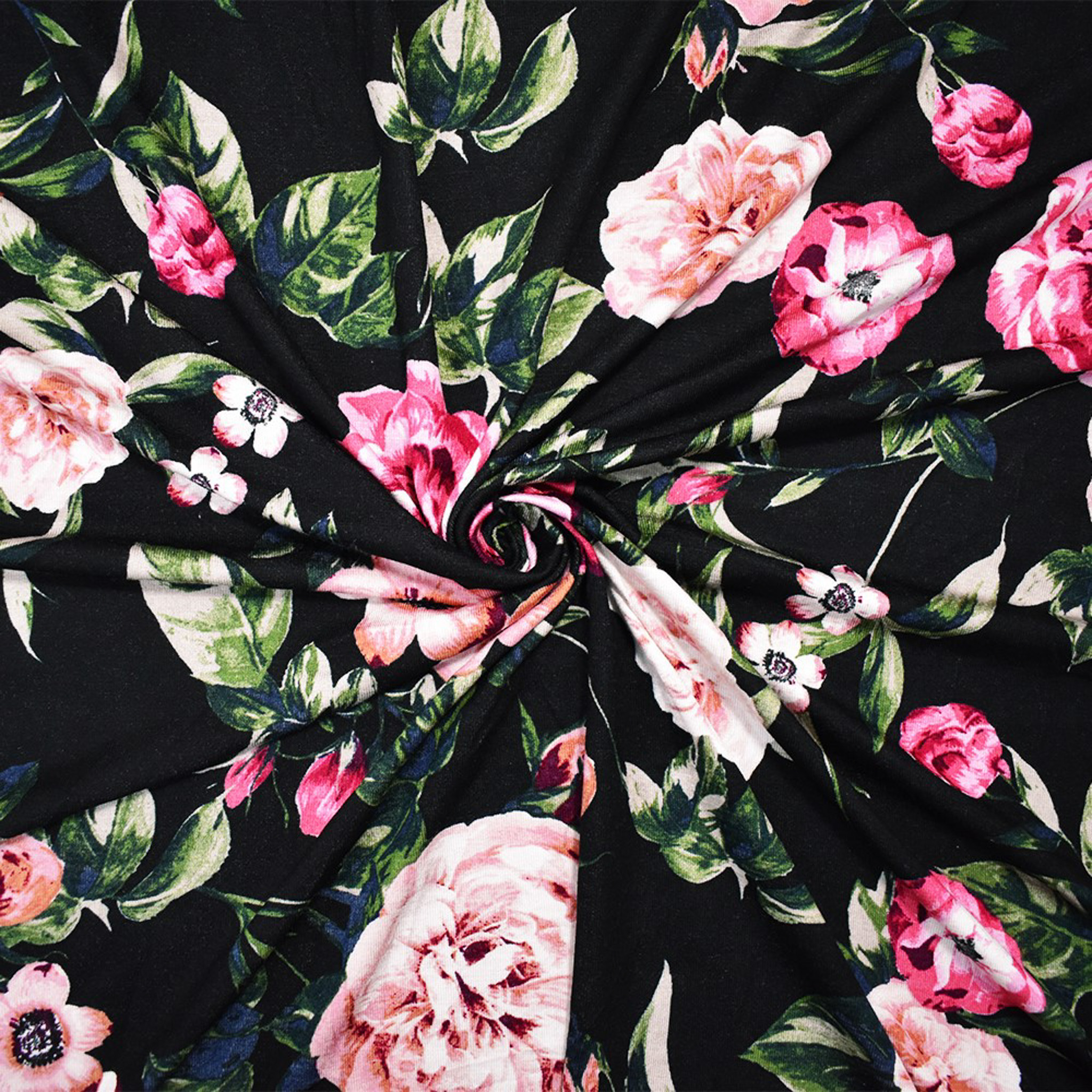 Black-Multi Rayon Stretch Spandex Floral Print Jersey Knit Fabric