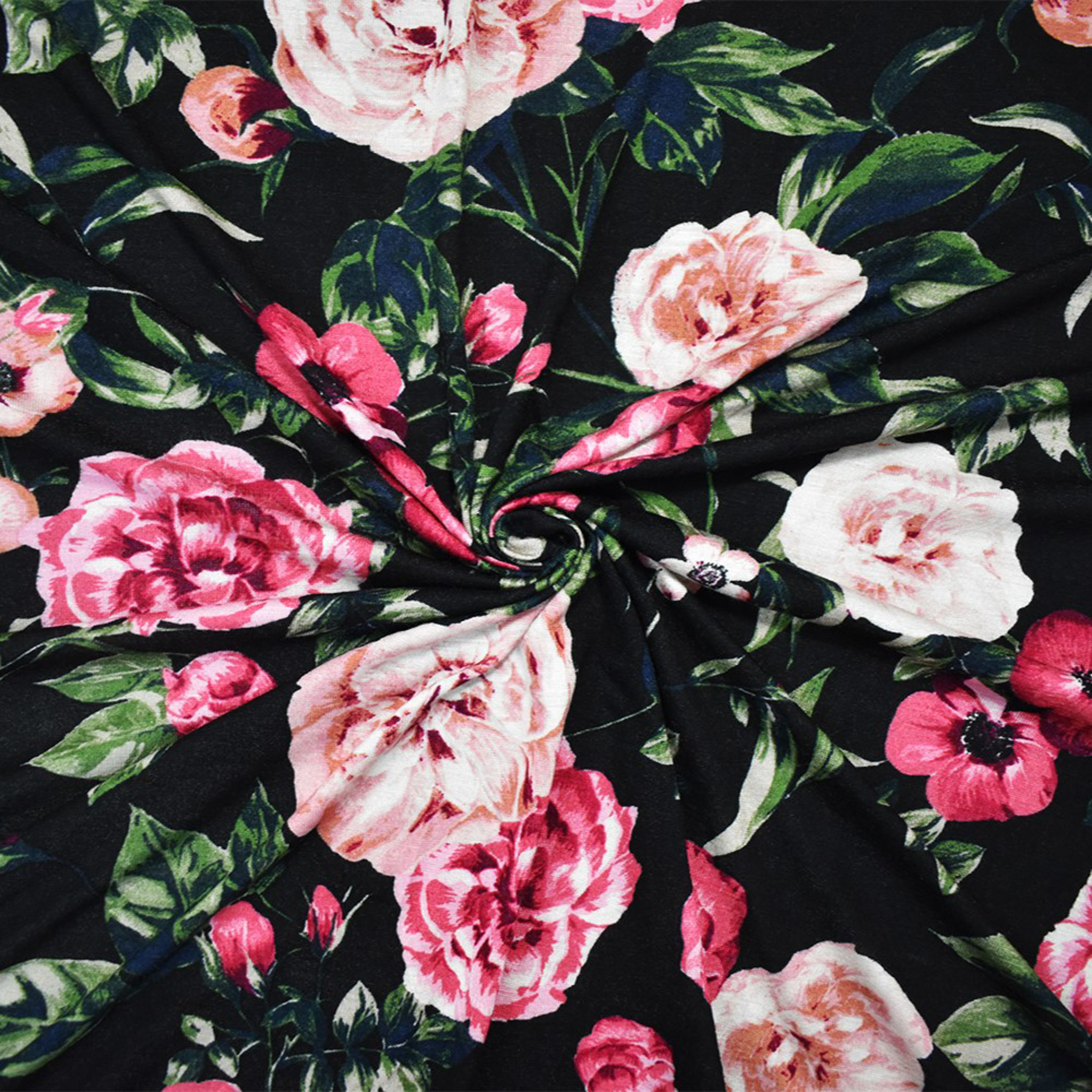 Black-Multi Rayon Stretch Spandex Floral Print Jersey Knit Fabric