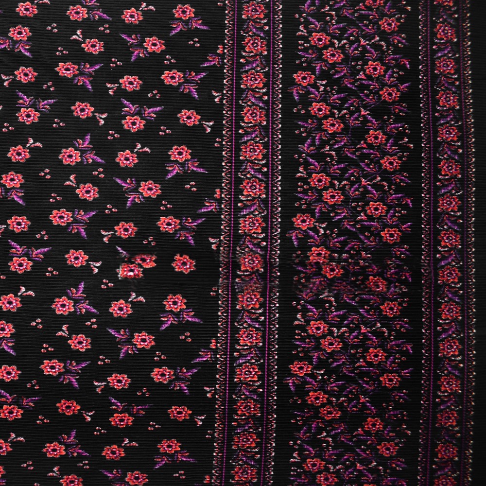 Black-Multi Poly Stretch Spandex Floral Print Pleated Interlock Knit Fabric