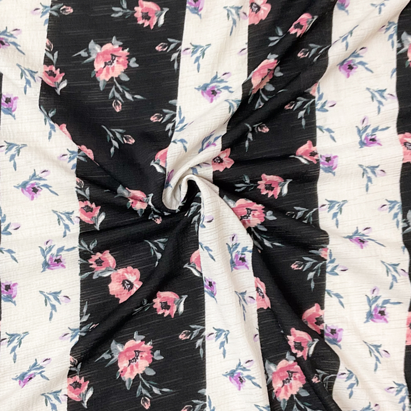 Black-White-Multi Poly Floral Print Slub Knit Fabric