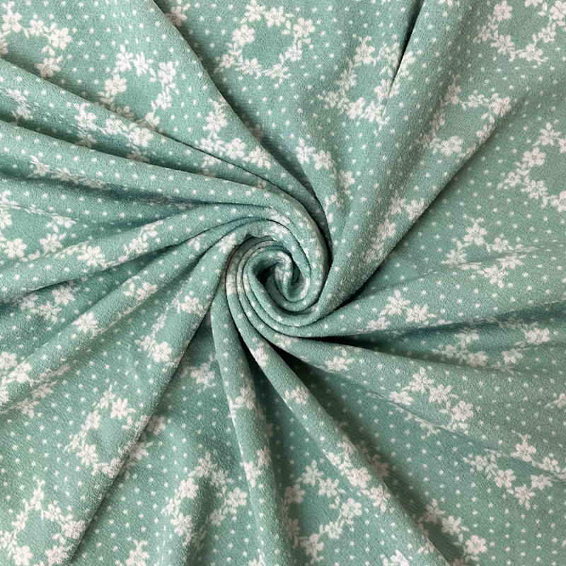 Green-Off-White Poly Floral Dot Print ITY Moss Crepe Knit Fabric