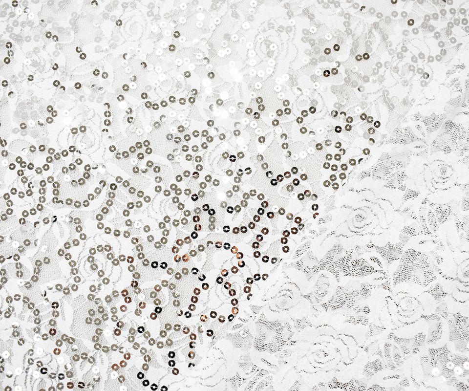 White-Silver Nylon Sequin Floral Lace Knit Fabric