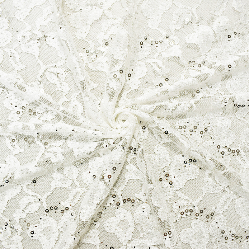 White-Silver Nylon-Polyester Floral Sequin Crochet Lace Knit Fabric