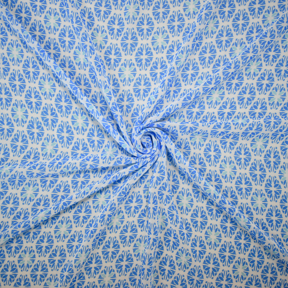 1 1/2 YD PC-Blue-White Poly Abstract Floral Printed Chiffon Woven Fabric