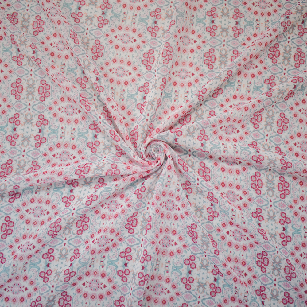 Pink-White-Multi Poly Floral Printed Chiffon Woven Fabric