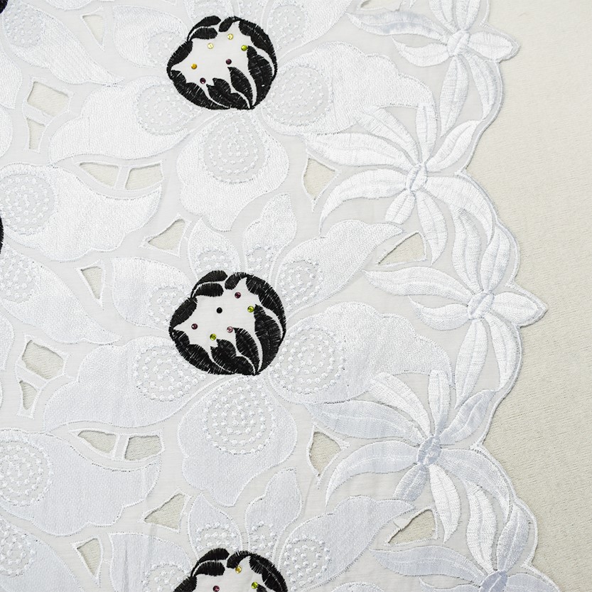 White-Multi Poly Embroidered Floral Scallop Rhinestone Woven Fabric